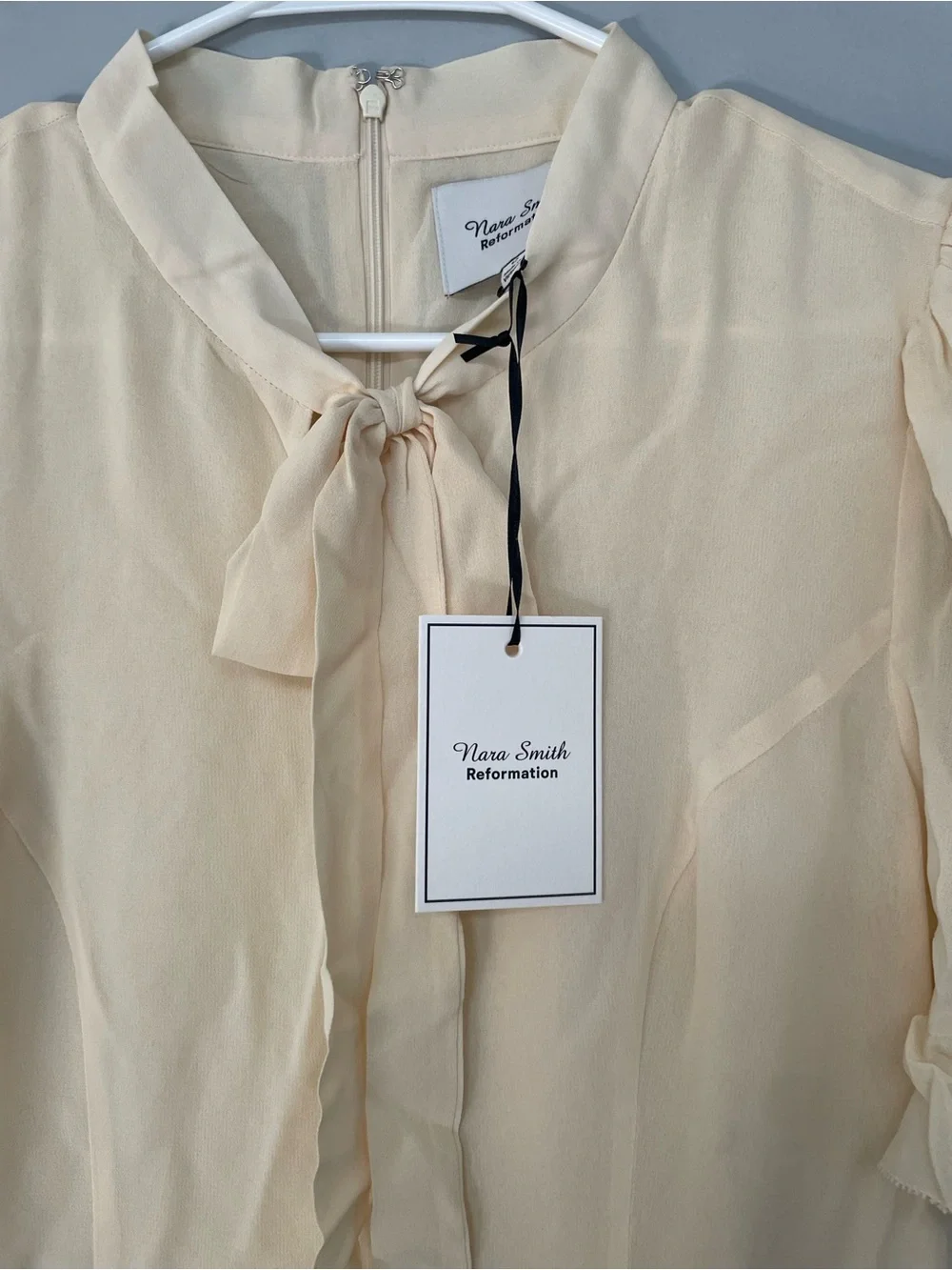 Reformation - Nara Smith - Whimsical Dress in Sugar - Cream Tie-Neck Mini Dress
